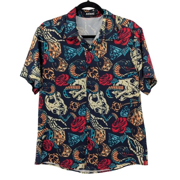 Hawaiian Button Down Men Shirt Size M Skulls Roses Dice Allover Print Retro Art - Picture 1 of 10